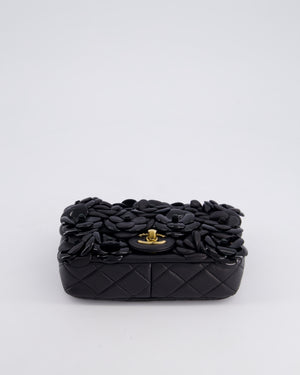 *RARE* Chanel Black Mini Single Flap Bag with 3D Camellia Embellishments in Patent and Lambskin Leather with Antique Gold Hardware