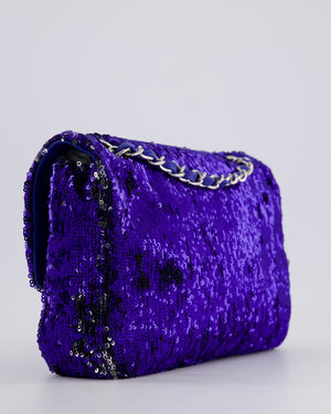 *HOT* Chanel Blue Sequin Medium Single Flap Bag with Silver Hardware