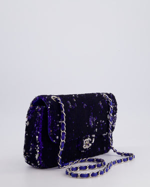 *HOT* Chanel Blue Sequin Medium Single Flap Bag with Silver Hardware