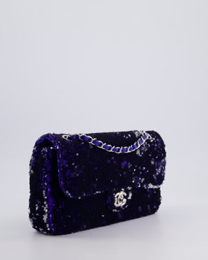 *HOT* Chanel Blue Sequin Medium Single Flap Bag with Silver Hardware