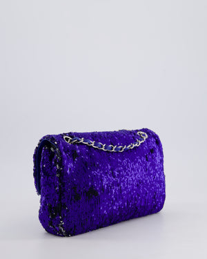 *HOT* Chanel Blue Sequin Medium Single Flap Bag with Silver Hardware