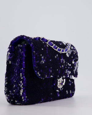 *HOT* Chanel Blue Sequin Medium Single Flap Bag with Silver Hardware