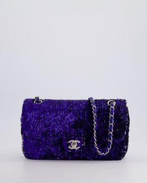 *HOT* Chanel Blue Sequin Medium Single Flap Bag with Silver Hardware