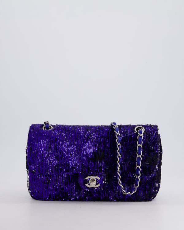 *HOT* Chanel Blue Sequin Medium Single Flap Bag with Silver Hardware