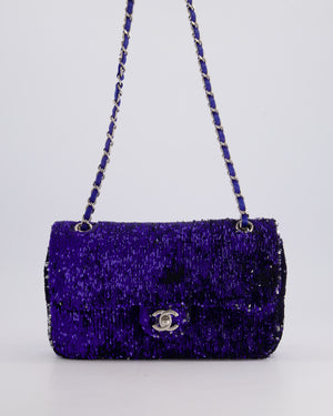 *HOT* Chanel Blue Sequin Medium Single Flap Bag with Silver Hardware