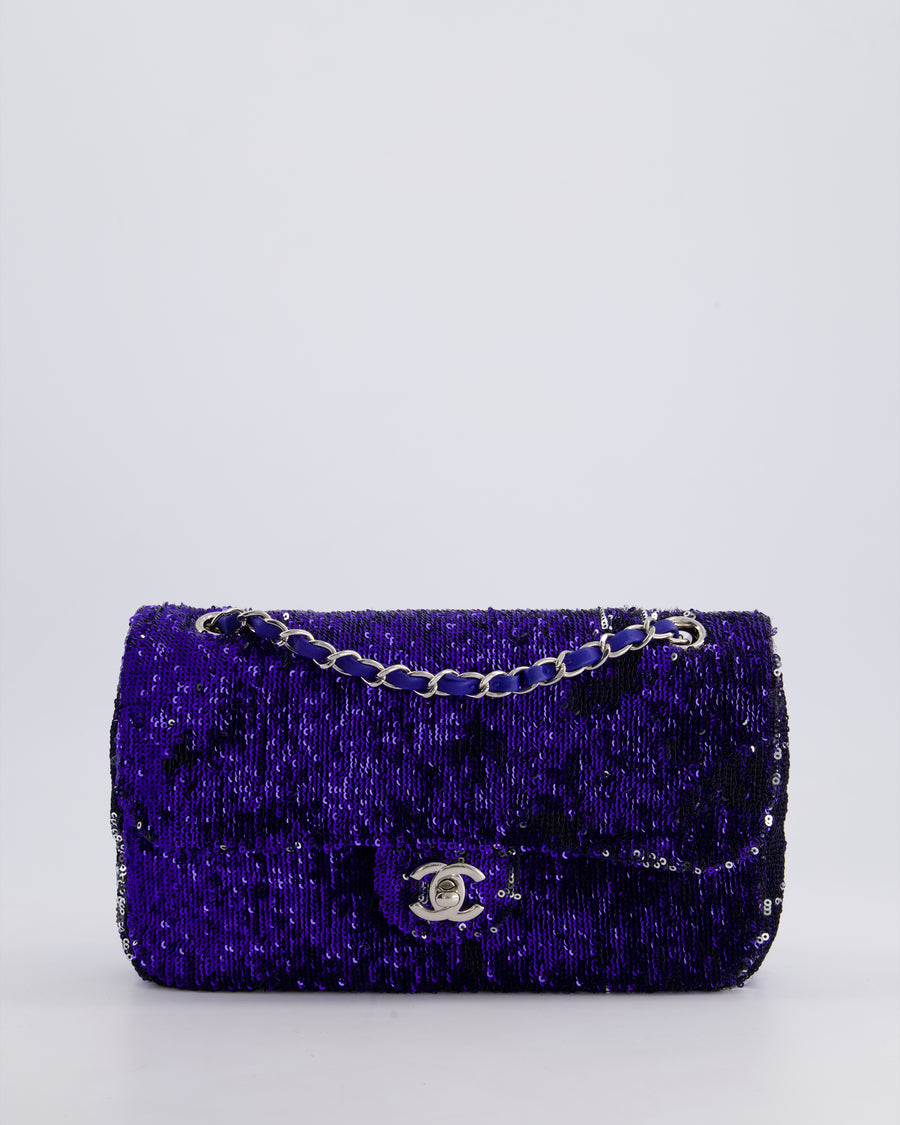 *HOT* Chanel Blue Sequin Medium Single Flap Bag with Silver Hardware