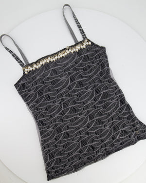 Chanel 05/A Black and Silver Tulle Top with Pearl and CC Logo Detail Size FR 40 (UK 12)