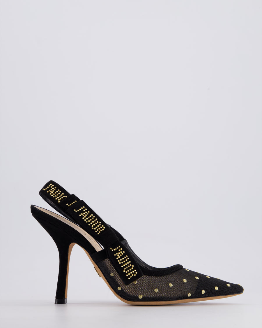 Christian Dior Black Mesh J'Adior Slingback Pumps with Gold Polka Dot Detail Size EU 37.5