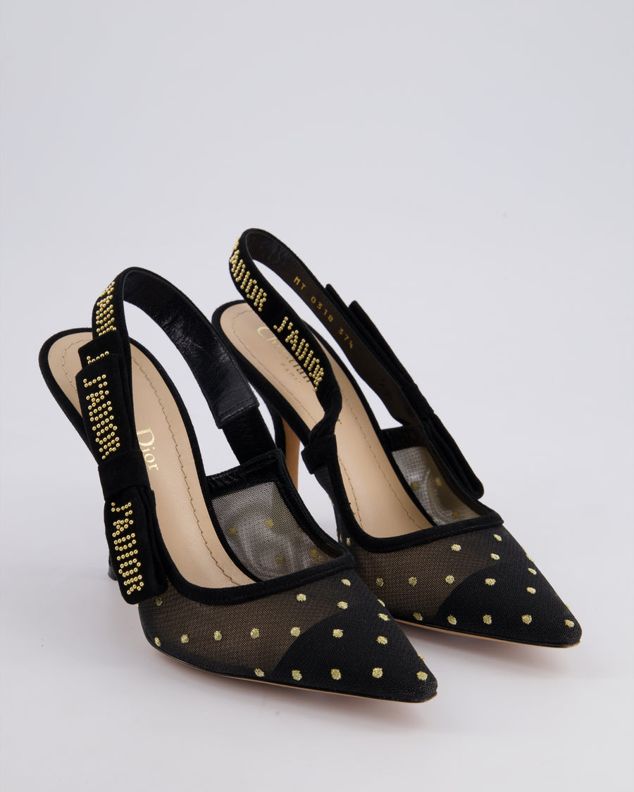 Christian Dior Black Mesh J'Adior Slingback Pumps with Gold Polka Dot Detail Size EU 37.5