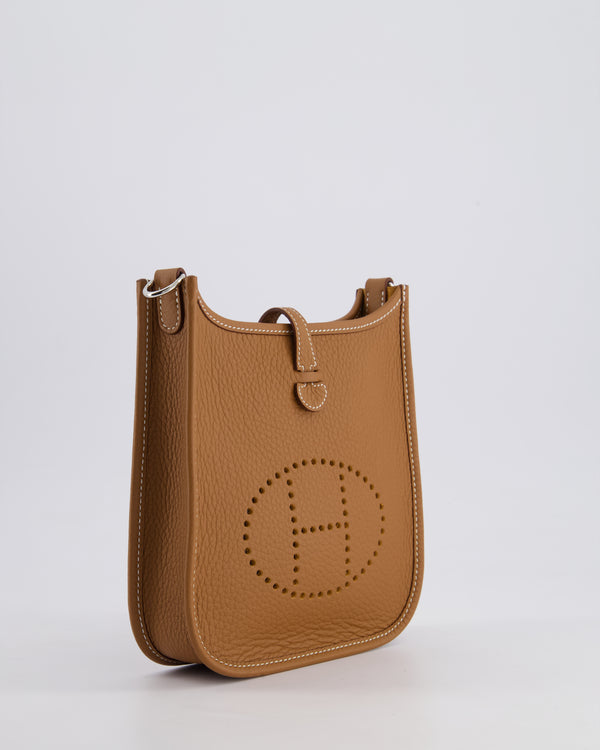 Hermès Mini Evelyne 16 Bag in Gold Clemence Leather with Palladium Hardware and Gold Sangle Strap