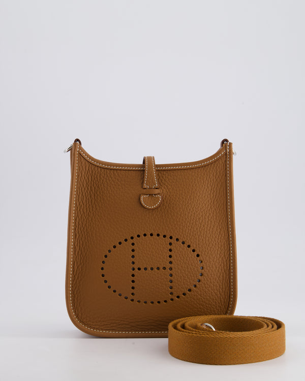 Hermès Mini Evelyne 16 Bag in Gold Clemence Leather with Palladium Hardware and Gold Sangle Strap