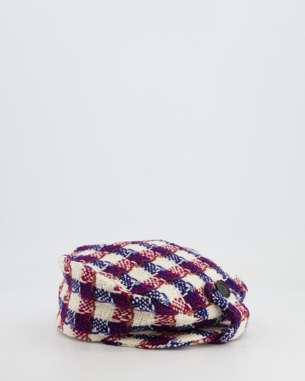 Chanel White, Blue and Red Checked Tweed Beret Hat with Black CC Button Detail Size L