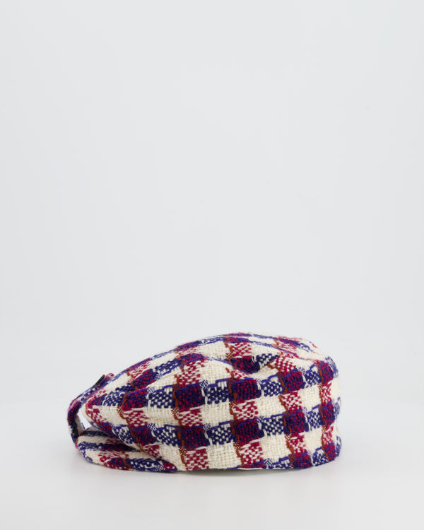 Chanel White, Blue and Red Checked Tweed Beret Hat with Black CC Button Detail Size L