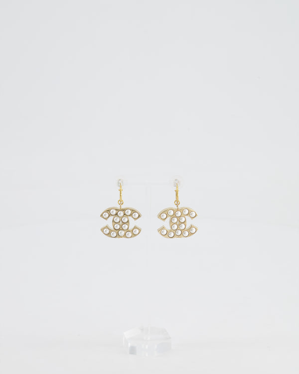 Chanel Gold and Pearl CC Logo Drop Earrings