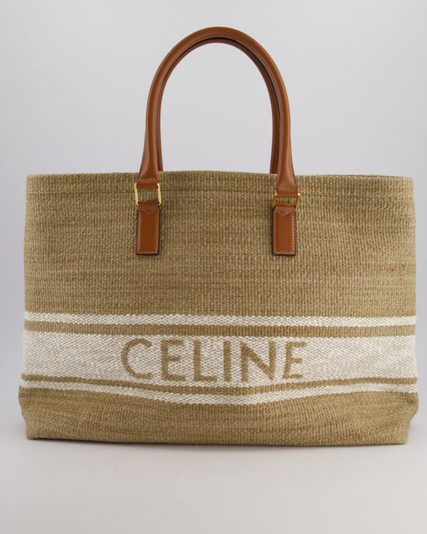 Celine Beige and Cream Woven Tote Bag with Logo Detail, Leather Handles and gold hardware