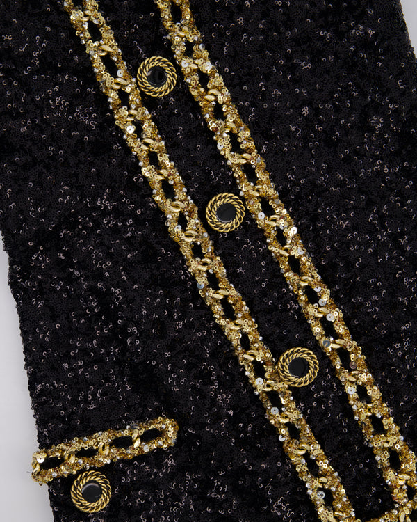 Balmain Black and Gold Sequin Mini Dress with Buttons Details Size UK 8 RRP £2,598