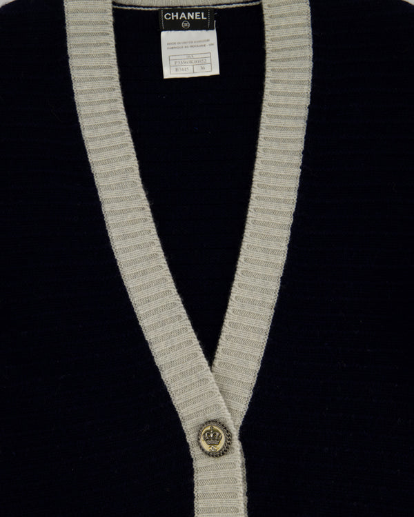 Chanel Navy and Grey Long Sleeve Longline Cashmere Dress Cardigan with Crown Detail Buttons Size FR 36 (UK 8)