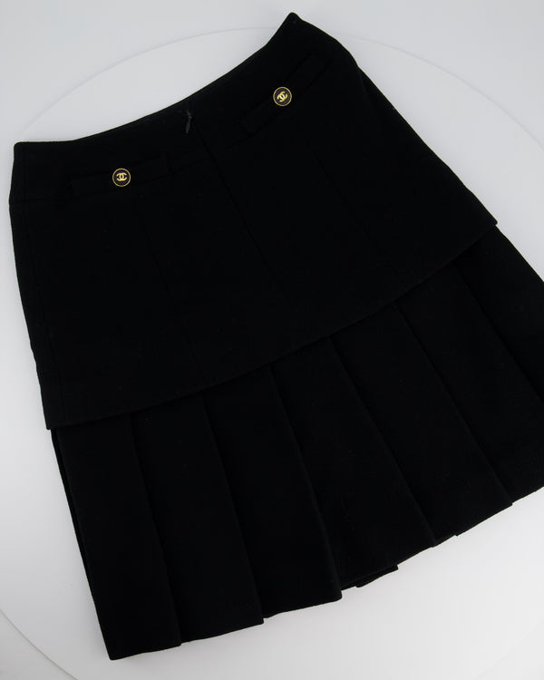 Chanel Black Pleated Panel Skirt with Gold CC Back Pocket Button Detail Size FR 36/38 (UK 8-10)