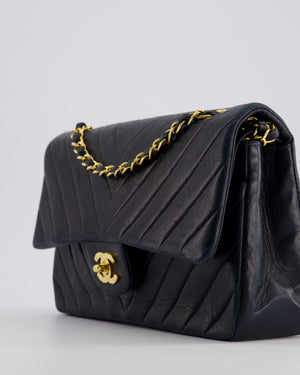 Chanel Navy Vintage Classic Medium Chevron Double Flap Bag in Lambskin Leather with 24K Gold Hardware