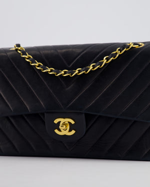 Chanel Navy Vintage Classic Medium Chevron Double Flap Bag in Lambskin Leather with 24K Gold Hardware