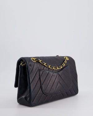 Chanel Navy Vintage Classic Medium Chevron Double Flap Bag in Lambskin Leather with 24K Gold Hardware