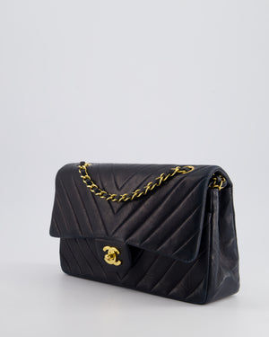 Chanel Navy Vintage Classic Medium Chevron Double Flap Bag in Lambskin Leather with 24K Gold Hardware