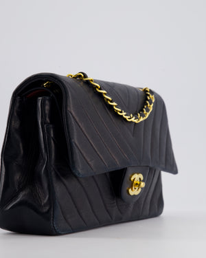 Chanel Navy Vintage Classic Medium Chevron Double Flap Bag in Lambskin Leather with 24K Gold Hardware