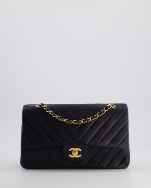 Chanel Navy Vintage Classic Medium Chevron Double Flap Bag in Lambskin Leather with 24K Gold Hardware