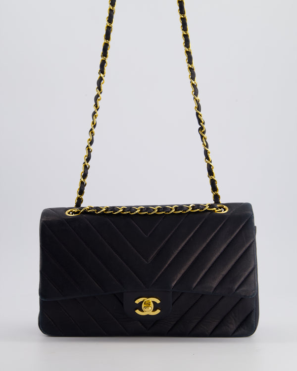 Chanel Navy Vintage Classic Medium Chevron Double Flap Bag in Lambskin Leather with 24K Gold Hardware