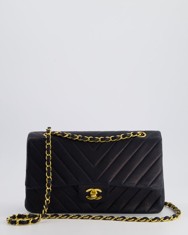 Chanel Navy Vintage Classic Medium Chevron Double Flap Bag in Lambskin Leather with 24K Gold Hardware