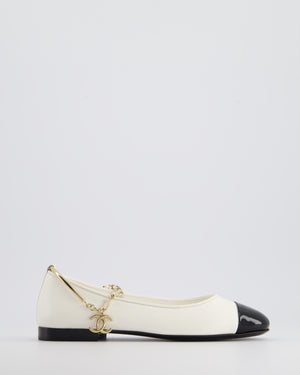 *HOT* Chanel White Ballerina Shoes In Leather with CC Charm Ankle Strap & Black Patent Leather Toe Detail Size EU 34.5