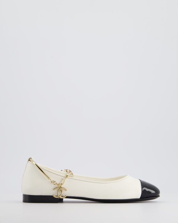 *HOT* Chanel White Ballerina Shoes In Leather with CC Charm Ankle Strap & Black Patent Leather Toe Detail Size EU 34.5