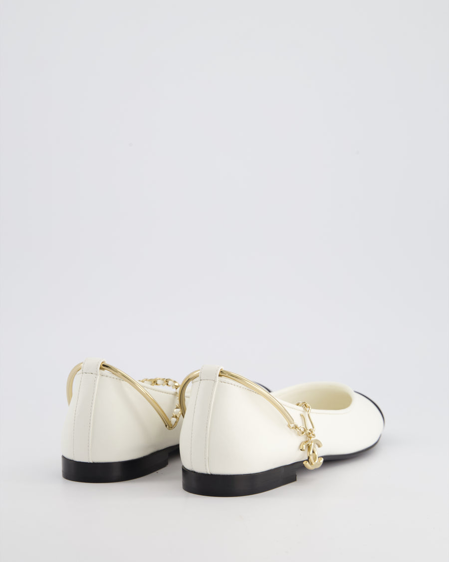 *HOT* Chanel White Ballerina Shoes In Leather with CC Charm Ankle Strap & Black Patent Leather Toe Detail Size EU 34.5