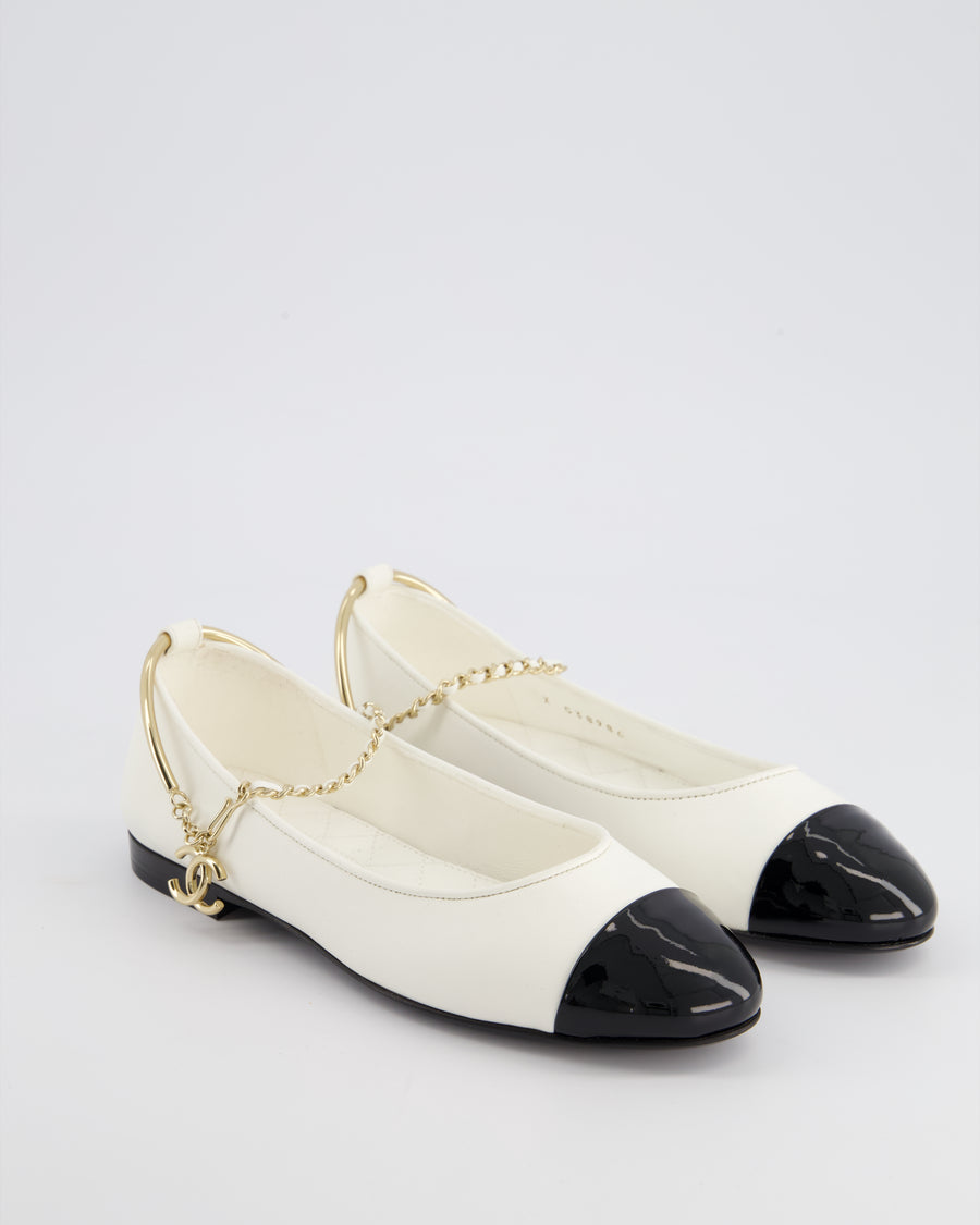 *HOT* Chanel White Ballerina Shoes In Leather with CC Charm Ankle Strap & Black Patent Leather Toe Detail Size EU 34.5