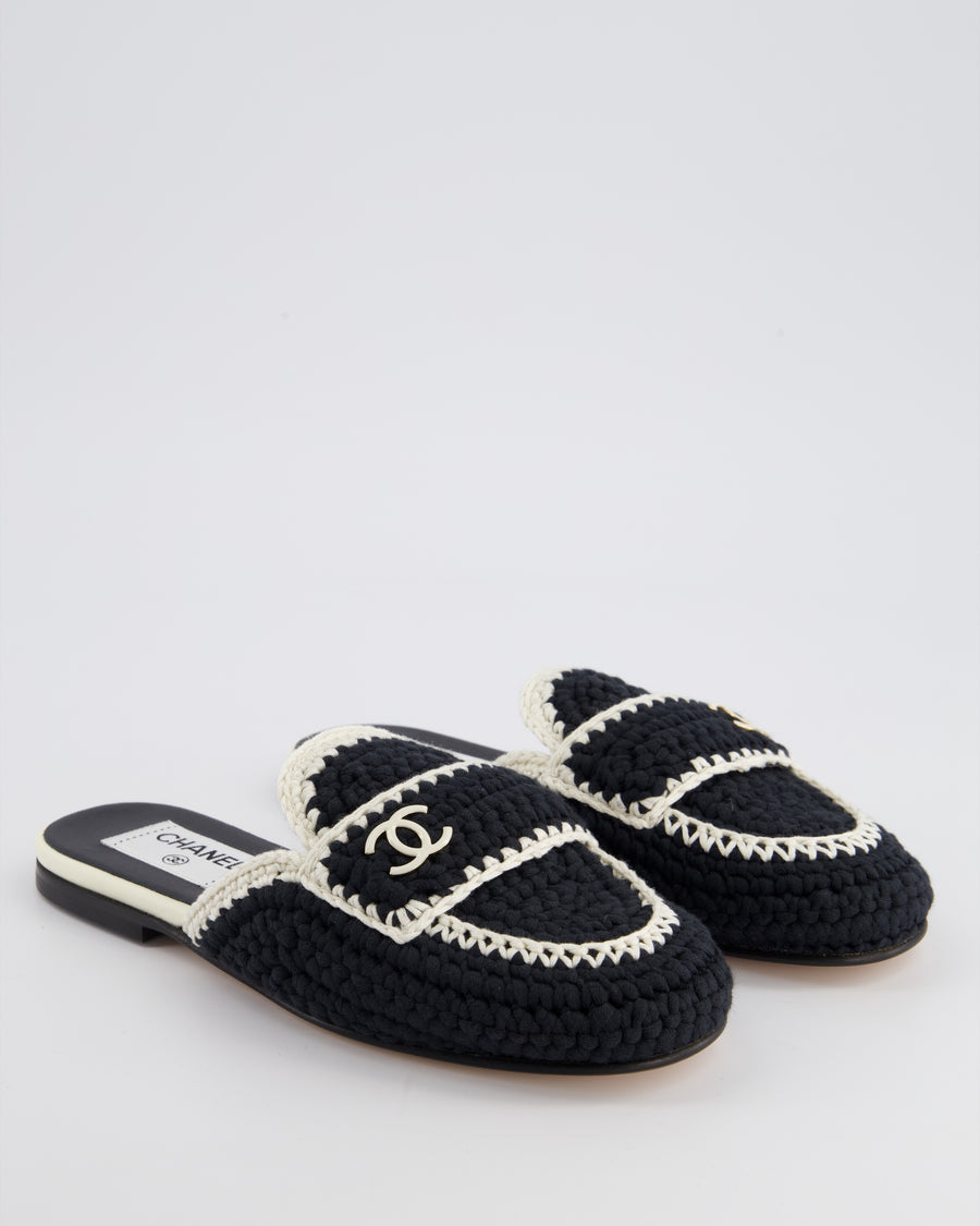 Chanel 23S Navy & Cream Crochet Mules with Patent CC Logo Detail Size EU 35