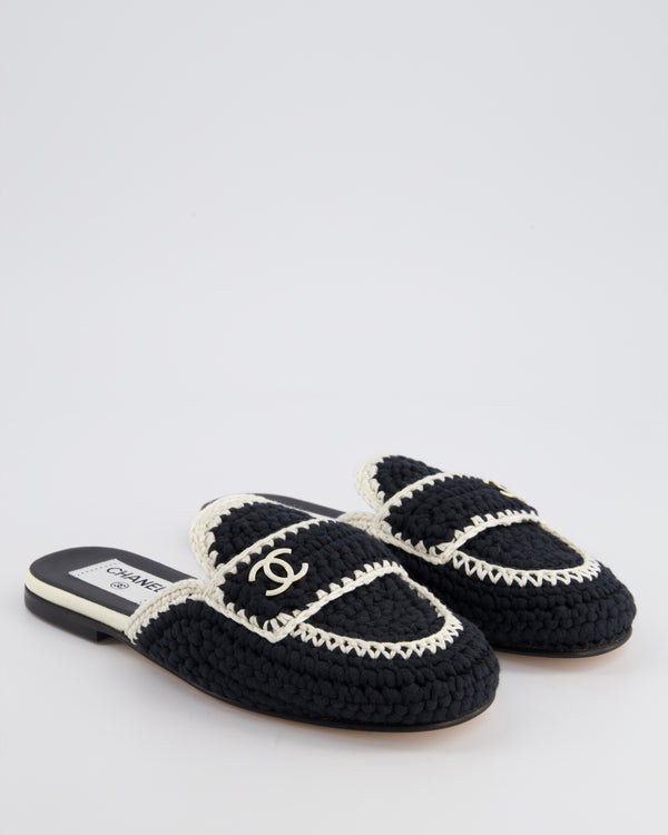 Chanel 23S Navy & Cream Crochet Mules with Patent CC Logo Detail Size EU 35