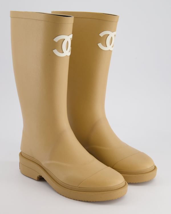 *HOT* Chanel Beige CC Logo Rain Boots Size EU 35