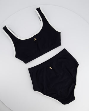 Chanel 22S Black Two Piece Swim Suit Set with White Trim and Crystal CC Logo Detail Size Top FR 36 (UK 8) Bottoms FR 34 (UK 6)