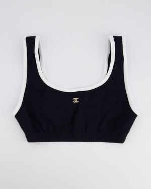 Chanel 22S Black Two Piece Swim Suit Set with White Trim and Crystal CC Logo Detail Size Top FR 36 (UK 8) Bottoms FR 34 (UK 6)