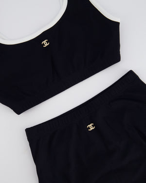 Chanel 22S Black Two Piece Swim Suit Set with White Trim and Crystal CC Logo Detail Size Top FR 36 (UK 8) Bottoms FR 34 (UK 6)