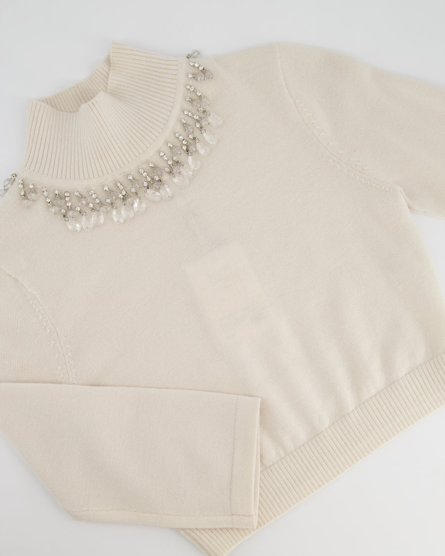 Zimmermann Cream Cropped Knit High Neck Jumper with Crystal Neck Line Embellishment Detail Size OP/XS (UK 6/8) RRP £550