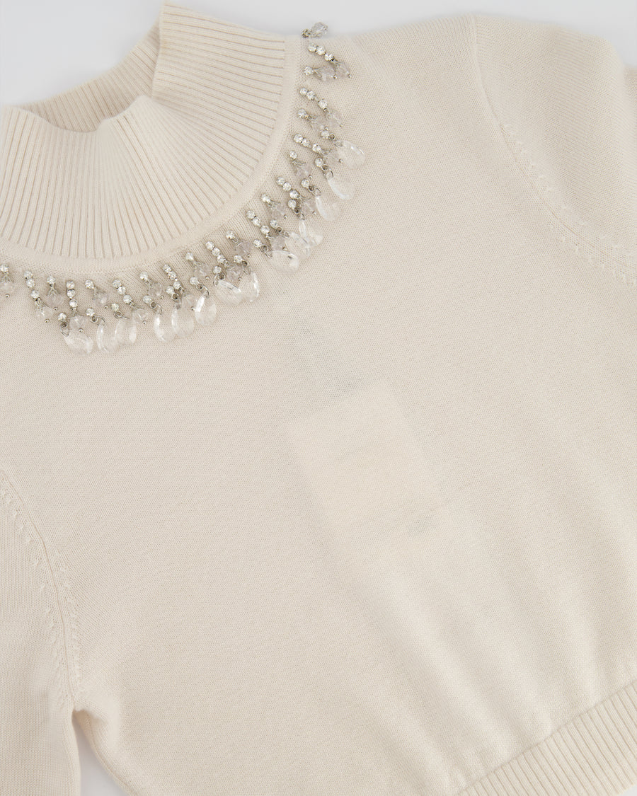 Zimmermann Cream Cropped Knit High Neck Jumper with Crystal Neck Line Embellishment Detail Size OP/XS (UK 6/8) RRP £550