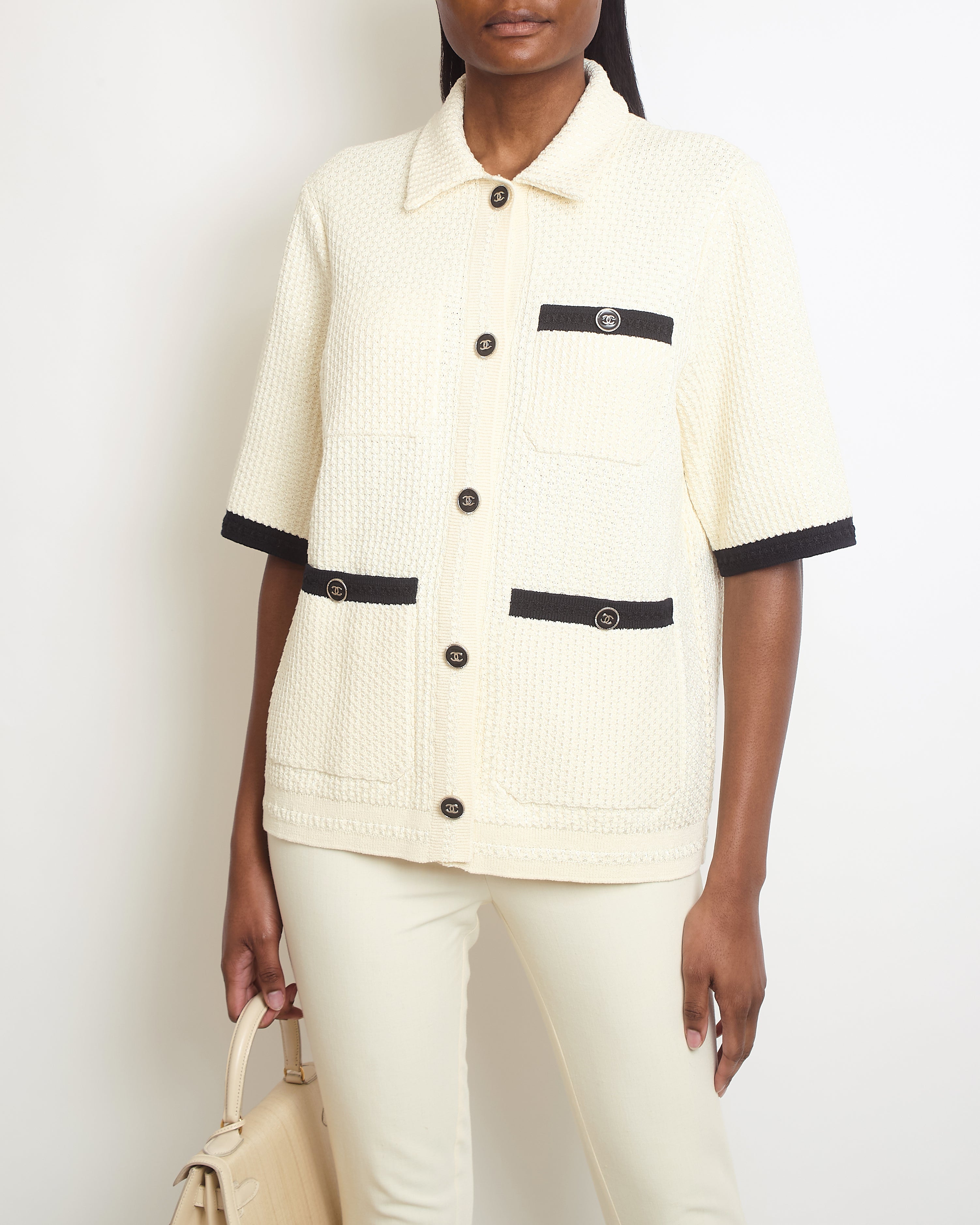 Chanel Cream Tweed Over-Sized Short Sleeve Shirt with Black Trim ...
