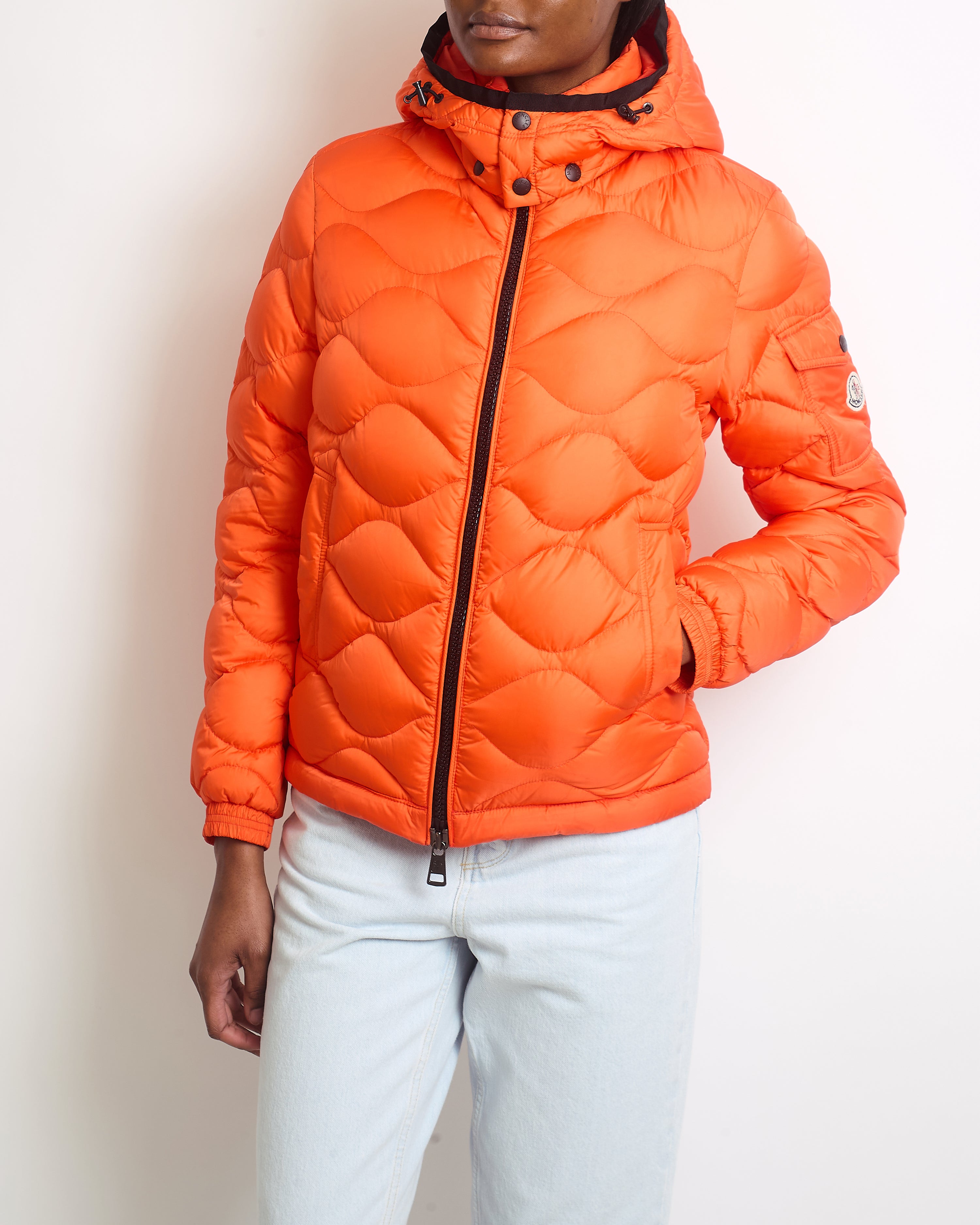 Moncler Orange Goose Down Puffer Coat Size 0 UK 8 Sellier