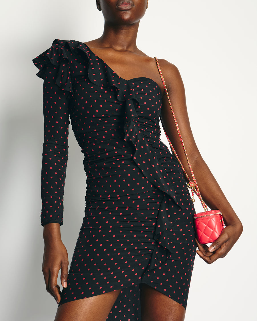 Veronica Beard Black and Red Polka Dot Silk Midi Dress with One Sleeve Size 2 (UK 6)