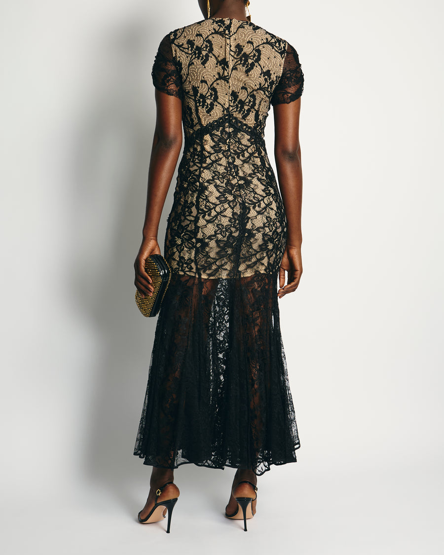 Alessandra Rich Black Short Sleeve Lace Maxi Dress with Gold Shoulder Button Detail IT 40 (UK 8)