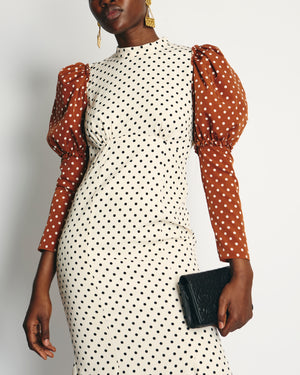 Rejina Pyo Cream, Brown Polka Dot Long-Sleeve Midi Dress Size UK 10