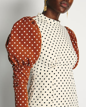 Rejina Pyo Cream, Brown Polka Dot Long-Sleeve Midi Dress Size UK 10