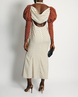 Rejina Pyo Cream, Brown Polka Dot Long-Sleeve Midi Dress Size UK 10