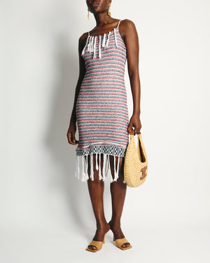 Loewe X Paula's Ibiza White, Red & Blue Striped Mini Dress with Tassel Detail Size S (UK 8)